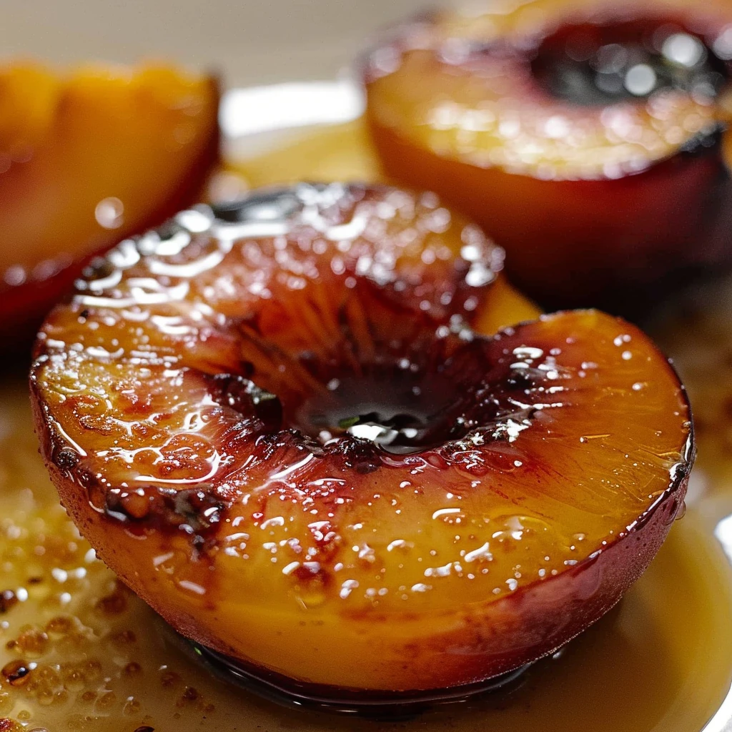 Glazed honey balsamic baked peaches with a golden caramelized surface and juicy centers, served on a white plate, showcasing shiny syrup and vibrant color for a stunning dessert presentation.