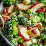 Vibrant Honeycrisp Apple Broccoli Salad featuring crisp broccoli, juicy apple slices, cranberries, and nuts coated in creamy dressing, beautifully arranged in a white bowl.