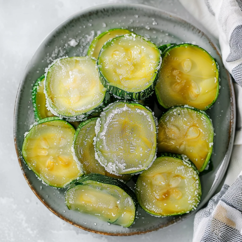 Vibrant green slices of frozen zucchini, glistening with icy frost and neatly arranged on a gray plate, showcasing their fresh summer color and smooth texture for how to freeze zucchini.