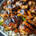 Glazed Huli Huli Chicken thighs with dark grill marks on fluffy white rice, garnished with vibrant peppers and a glossy, caramelized finish.