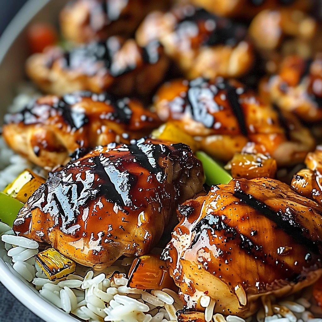 Glazed Huli Huli Chicken thighs with dark grill marks on fluffy white rice, garnished with vibrant peppers and a glossy, caramelized finish.