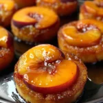 Golden, glossy Peach Upside-Down Mini Cakes topped with vibrant peach slices glistening under a caramelized, sticky glaze on a dark serving tray.