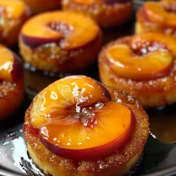 Golden, glossy Peach Upside-Down Mini Cakes topped with vibrant peach slices glistening under a caramelized, sticky glaze on a dark serving tray.