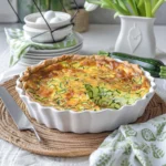 Golden Keto Crustless Zucchini Quiche with bright green zucchini spirals and a cheesy, browned top in a white scalloped pie dish, set on a rustic placemat with fresh zucchinis and spring decor in the background