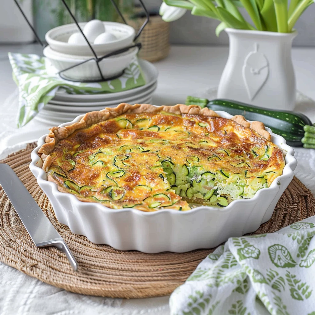 Golden Keto Crustless Zucchini Quiche with bright green zucchini spirals and a cheesy, browned top in a white scalloped pie dish, set on a rustic placemat with fresh zucchinis and spring decor in the background