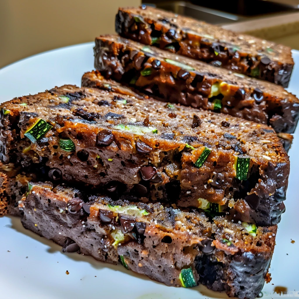 Moist slices of Keto Zucchini Bread studded with chocolate chips and green zucchini flecks, artfully arranged on a white plate for an inviting, low-carb breakfast.