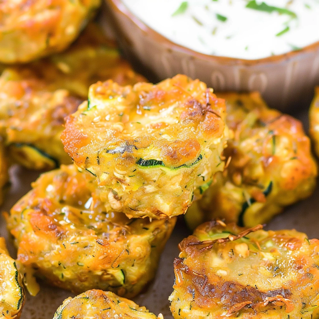 Crispy golden Keto Zucchini Tots with flecks of green zucchini and gooey melted cheese, arranged on a plate with a creamy dipping sauce in the background.