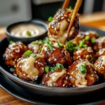Glossy Korean BBQ Meatballs with sesame seeds and green onion slices, drizzled with spicy mayo dip, arranged on a black plate for an inviting appetizer.