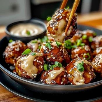 Glossy Korean BBQ Meatballs with sesame seeds and green onion slices, drizzled with spicy mayo dip, arranged on a black plate for an inviting appetizer.