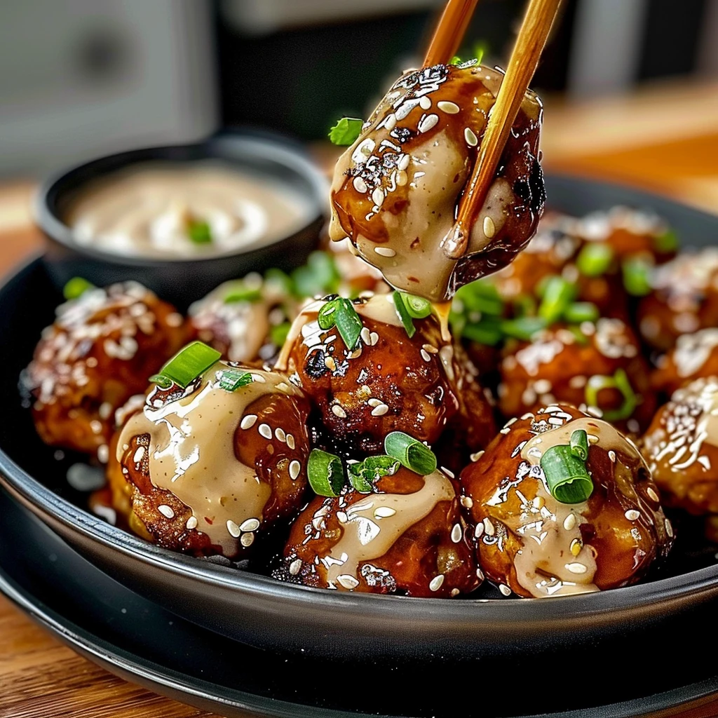 Glossy Korean BBQ Meatballs with sesame seeds and green onion slices, drizzled with spicy mayo dip, arranged on a black plate for an inviting appetizer.