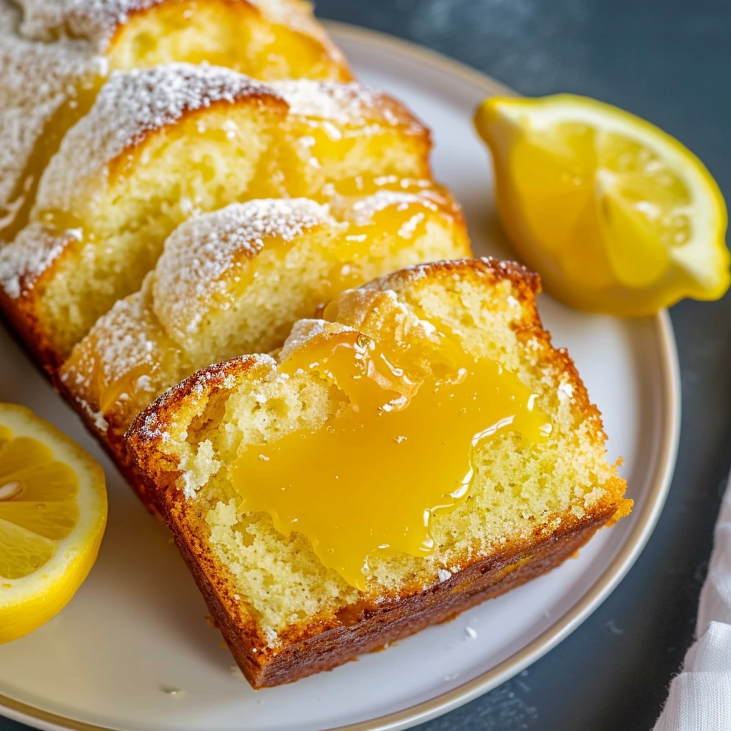 Moist lemon curd loaf cake with glossy lemon curd swirls, golden crumb, and a dusting of powdered sugar, beautifully sliced on a white plate with fresh lemon halves