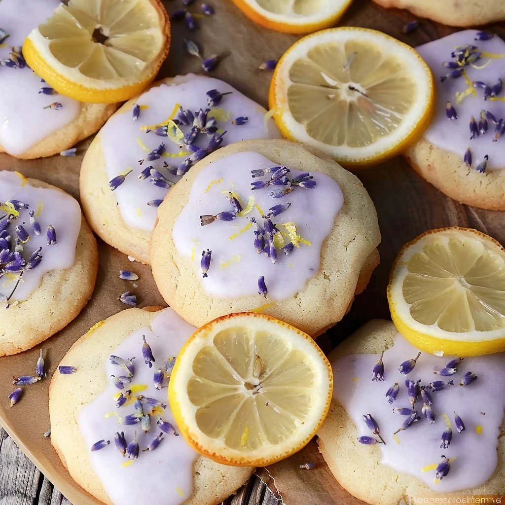Soft golden Lemon Lavender Cookies with pale purple glaze, sprinkled with dried lavender and lemon zest, beautifully arranged beside fresh lemon slices on a rustic wooden board