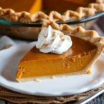 Golden orange Libby's Classic Pumpkin Pie slice on a white plate, topped with fluffy whipped cream and finished with a sprinkle of cinnamon, showcasing a smooth texture and rustic, crimped crust.