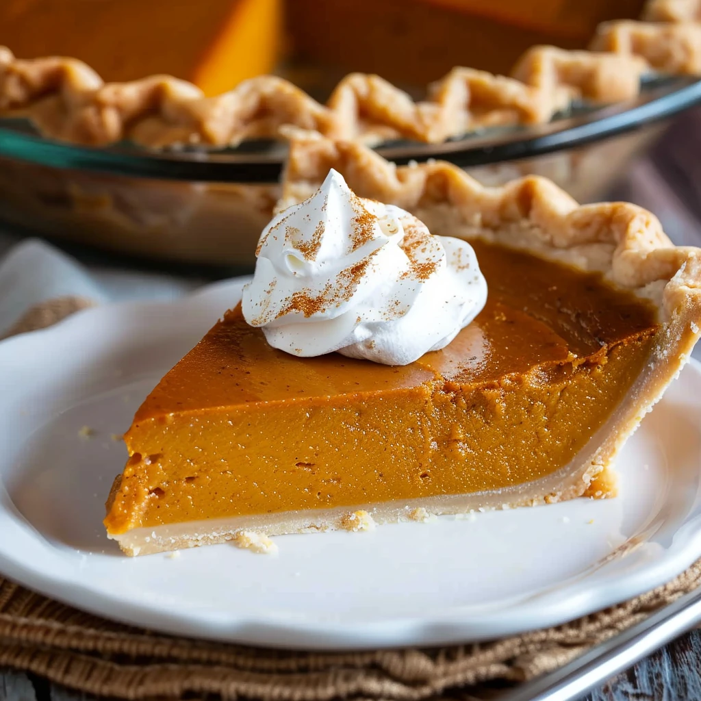 Golden orange Libby's Classic Pumpkin Pie slice on a white plate, topped with fluffy whipped cream and finished with a sprinkle of cinnamon, showcasing a smooth texture and rustic, crimped crust.