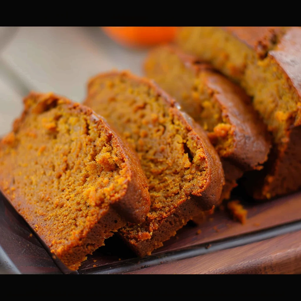 Moist and vibrant Libby's Pumpkin Bread sliced on a wooden tray, showcasing its golden-orange hue and tender crumb.