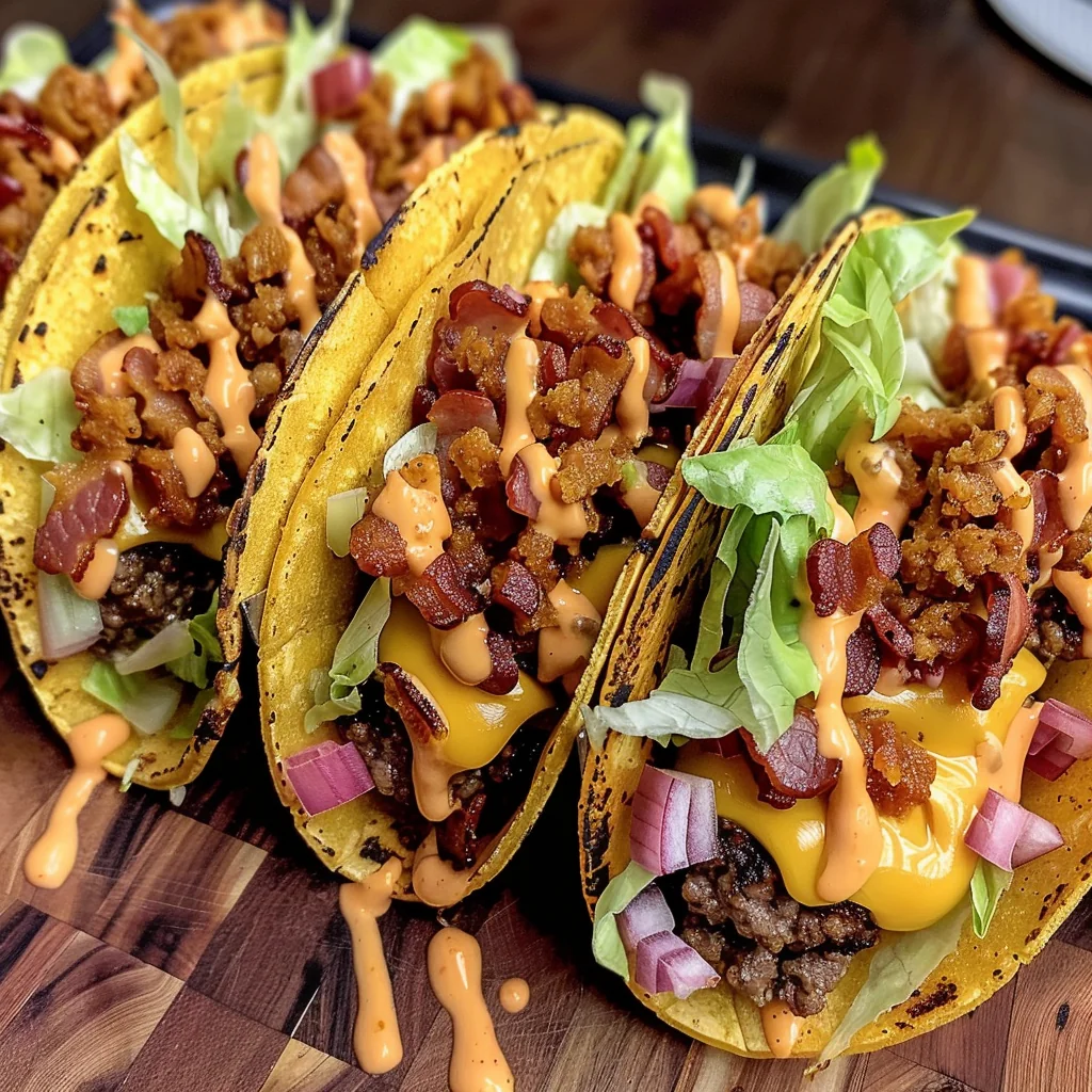 Loaded Bacon Cheeseburger Tacos filled with juicy beef, crispy bacon, melted cheddar, lettuce, pickles, and creamy sauce in toasted yellow taco shells on a wooden board.