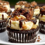 Glossy loaded brownie cheesecake cups with luscious cream cheese filling, dark fudgy brownie bases, and decadent chocolate-caramel drizzles, served in striped cupcake liners on a white plate.