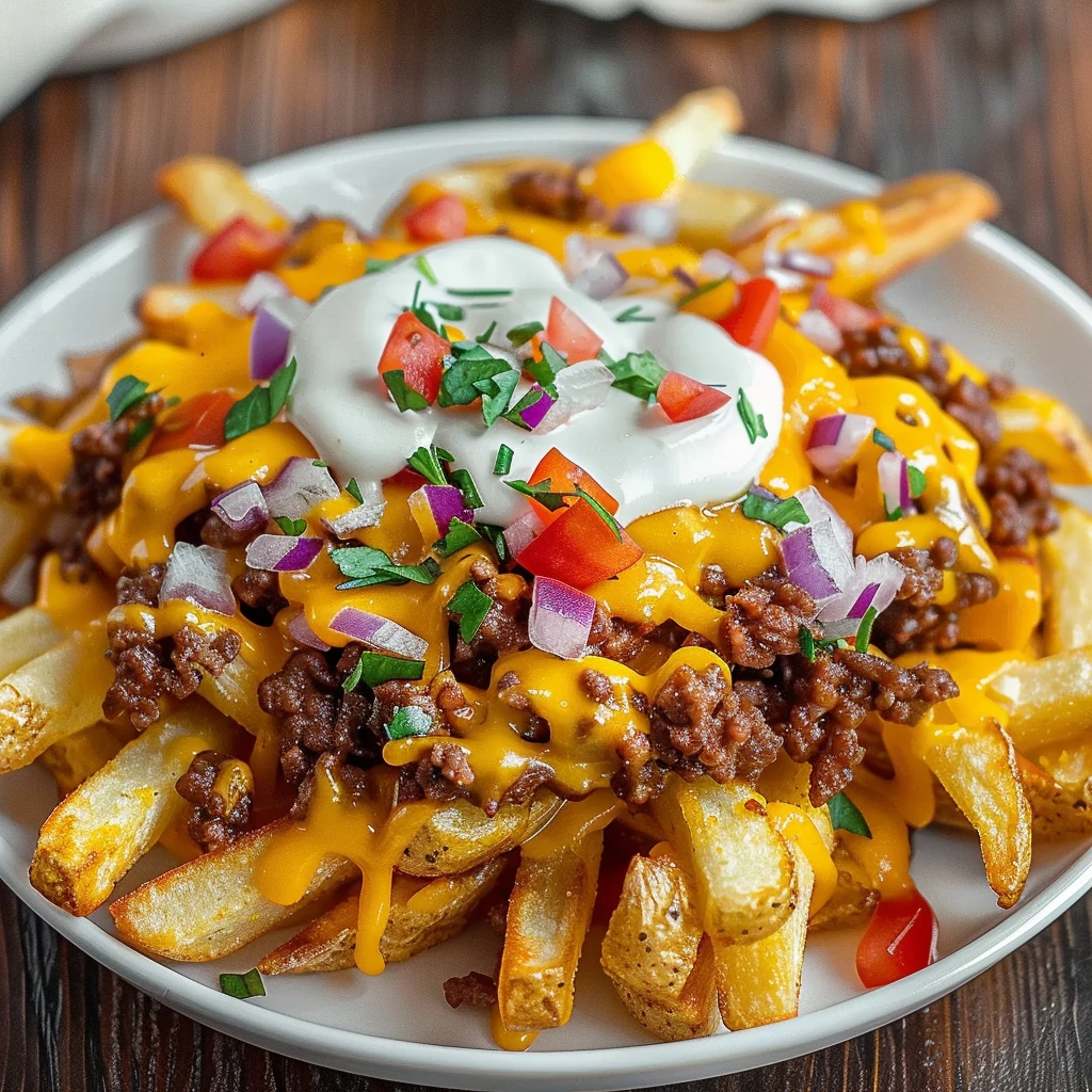 Loaded Cheese Fries with Beef, Cheddar, and Fresh Toppings featuring golden crispy fries topped with melty cheddar, savory beef, sour cream, red onion, tomato, and fresh herbs on a white plate.