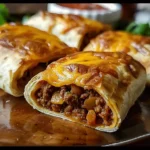 Golden, crispy Loaded Taco-Stuffed Cheesy Pockets filled with seasoned beef and melted cheddar, arranged on a wooden platter for an appetizing presentation