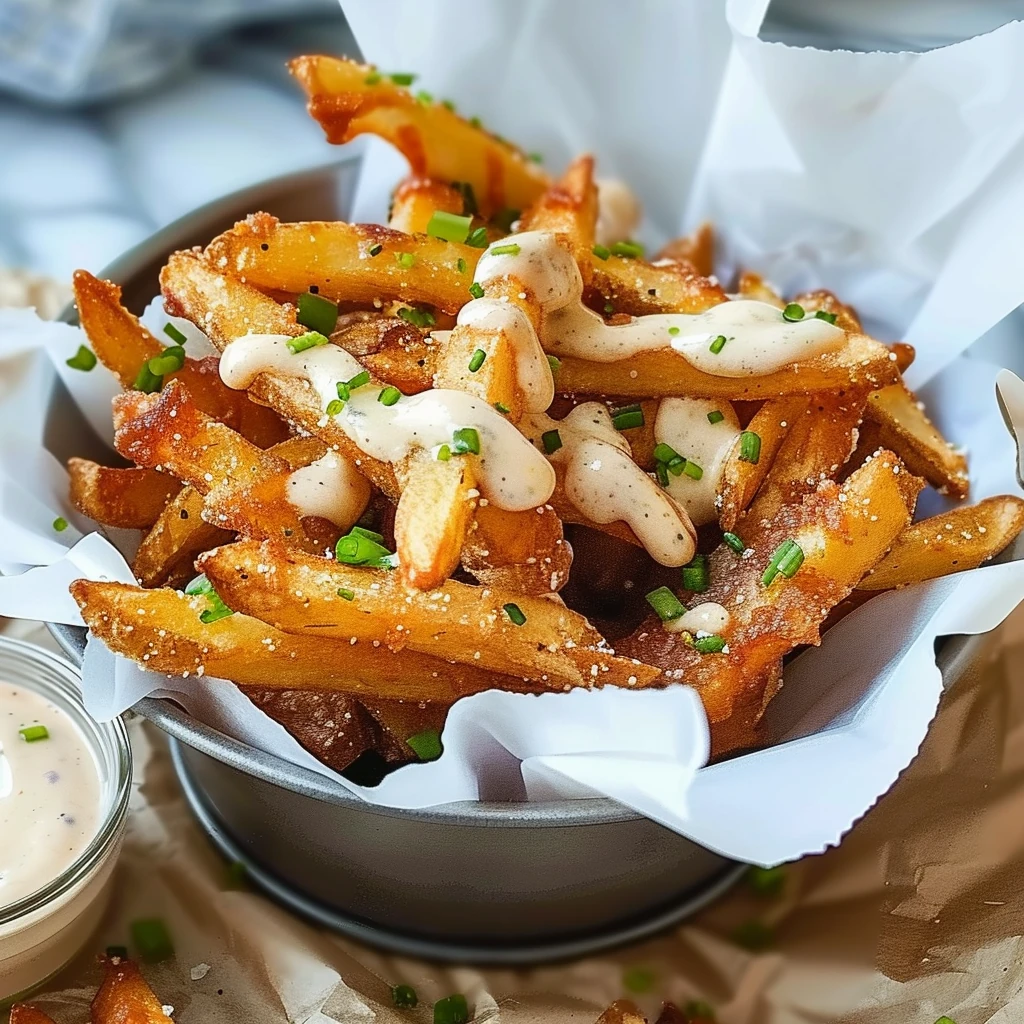 Crispy golden Louisiana Voodoo Fries topped with creamy ranch sauce, bacon, and green onions in a metal bowl, served on parchment for a vibrant, appetizing presentation.