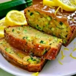 Moist Luscious Lemon Zucchini Bread with bright green zucchini flecks, golden crust, and glossy lemon glaze, served sliced with fresh lemon and zucchini garnish.