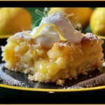 Golden Magic Lemon Cobbler with gooey lemon filling, topped with whipped cream, lemon zest, and powdered sugar, on a black-and-yellow plate