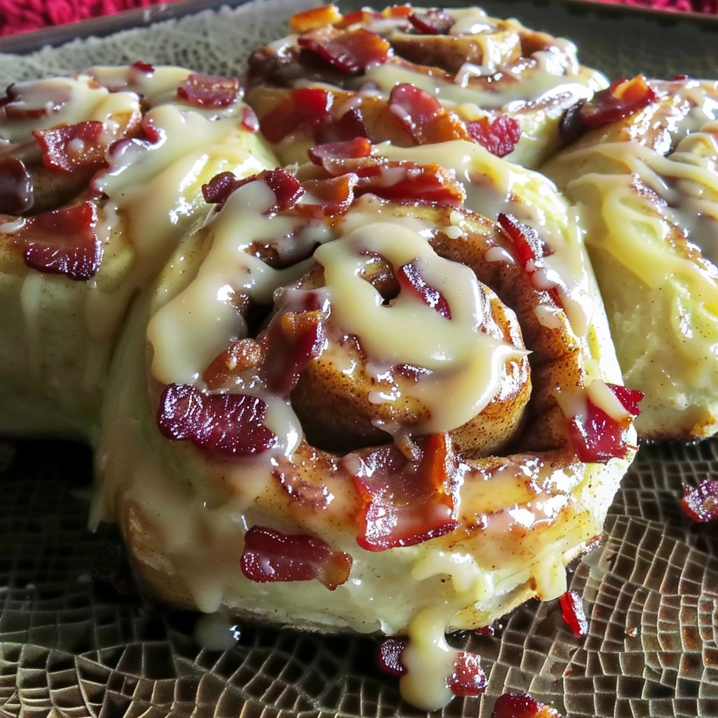 Maple Bacon Cinnamon Rolls with golden swirls, crisp bacon pieces, and maple glaze dripping on a rustic brown platter