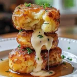 Golden brown Mashed Potato Cheese Puffs stacked on a white plate, gooey melted cheese oozing out, topped with fresh herbs and a drizzle of sauce, showcasing a crispy exterior and creamy interior.