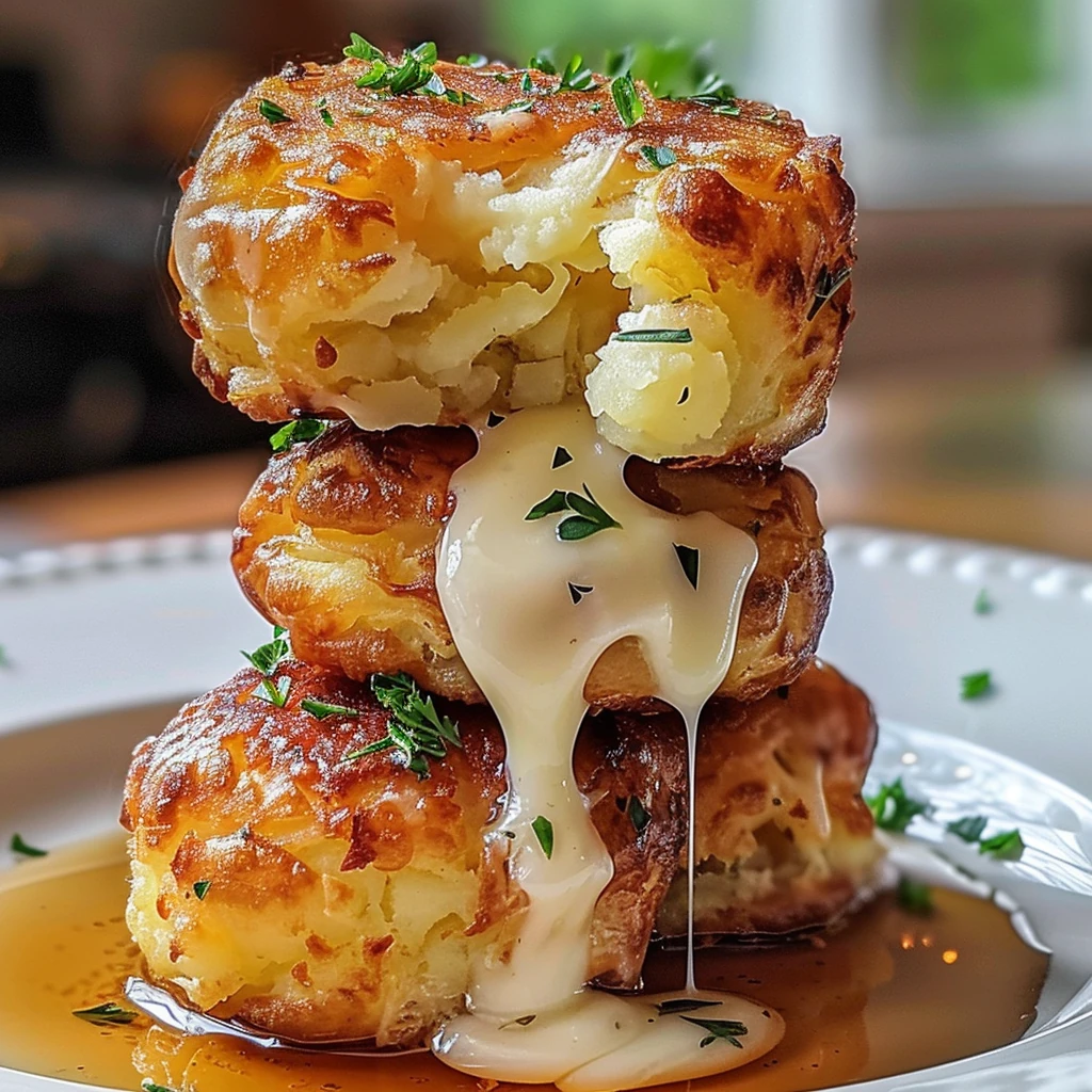 Golden brown Mashed Potato Cheese Puffs stacked on a white plate, gooey melted cheese oozing out, topped with fresh herbs and a drizzle of sauce, showcasing a crispy exterior and creamy interior.