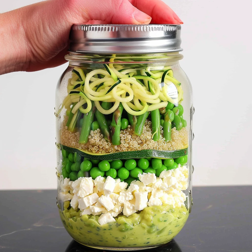 Bright, colorful layers of zucchini noodles, quinoa, asparagus, green peas, feta, and creamy dressing in a mason jar for Mason Jar Zucchini Noodle Salad with Coconut-Lime-Avocado Dressing.