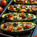 Colorful Mediterranean Stuffed Zucchini boats with golden cheese, roasted cherry tomatoes, olives, and fresh herbs on a dark baking tray