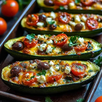 Colorful Mediterranean Stuffed Zucchini boats with golden cheese, roasted cherry tomatoes, olives, and fresh herbs on a dark baking tray