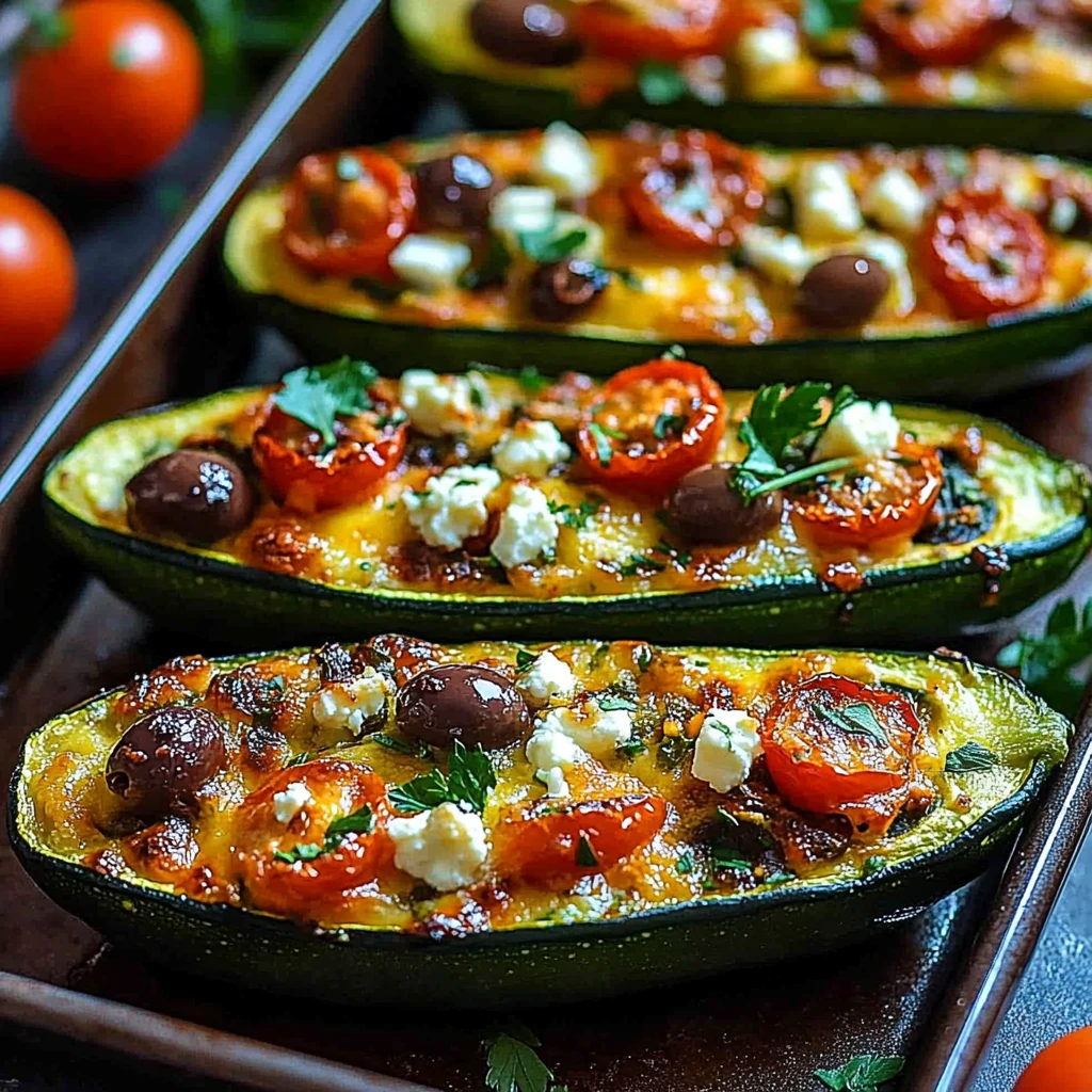 Colorful Mediterranean Stuffed Zucchini boats with golden cheese, roasted cherry tomatoes, olives, and fresh herbs on a dark baking tray