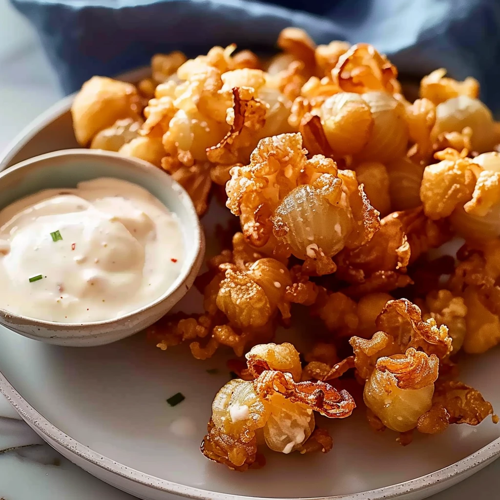 Golden mini crispy blooming onions with rippled, crunchy petals, served with creamy buttermilk ranch dipping sauce on a light plate, vibrant and inviting.