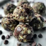 Bright, chocolate-studded Mint Chocolate Chip Protein Balls with a glossy, rich finish, flecked with mini chips and almond pieces, beautifully presented on a white surface for a mouthwatering effect.