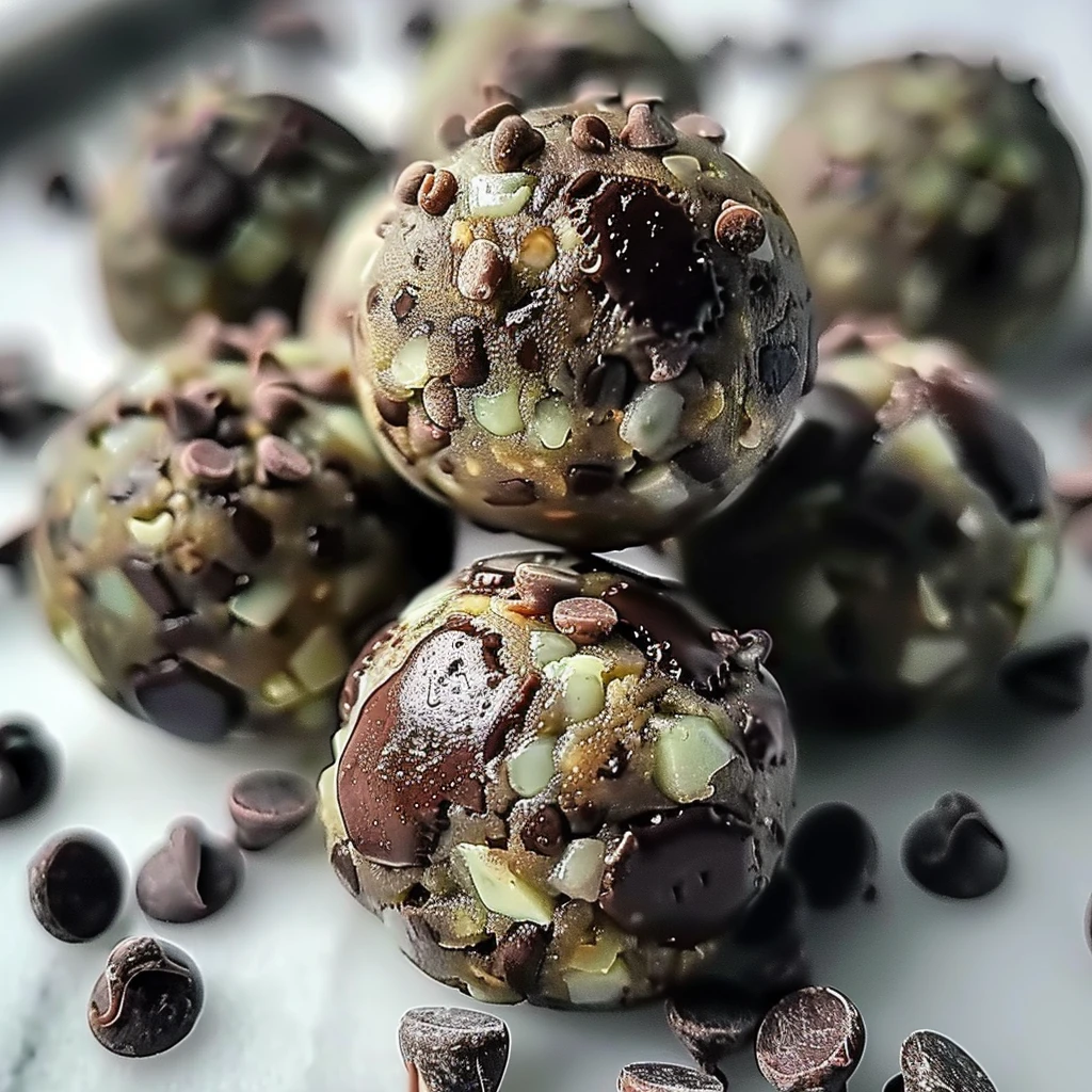 Bright, chocolate-studded Mint Chocolate Chip Protein Balls with a glossy, rich finish, flecked with mini chips and almond pieces, beautifully presented on a white surface for a mouthwatering effect.