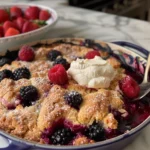 Golden baked mixed berry cobbler with bubbling vibrant berries, a crisp textured topping, and fresh whipped cream garnished with juicy raspberries and blackberries in a decorative baking dish.
