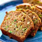 Moist Easy Zucchini Bread slices with golden crust, visible green zucchini flecks, and tender texture on blue ceramic plate