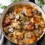 Succulent Mushroom Chicken in creamy brown sauce, golden chicken breasts and sliced mushrooms garnished with thyme in a white skillet, vibrant and irresistibly inviting