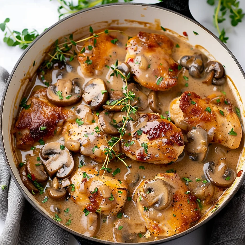 Succulent Mushroom Chicken in creamy brown sauce, golden chicken breasts and sliced mushrooms garnished with thyme in a white skillet, vibrant and irresistibly inviting