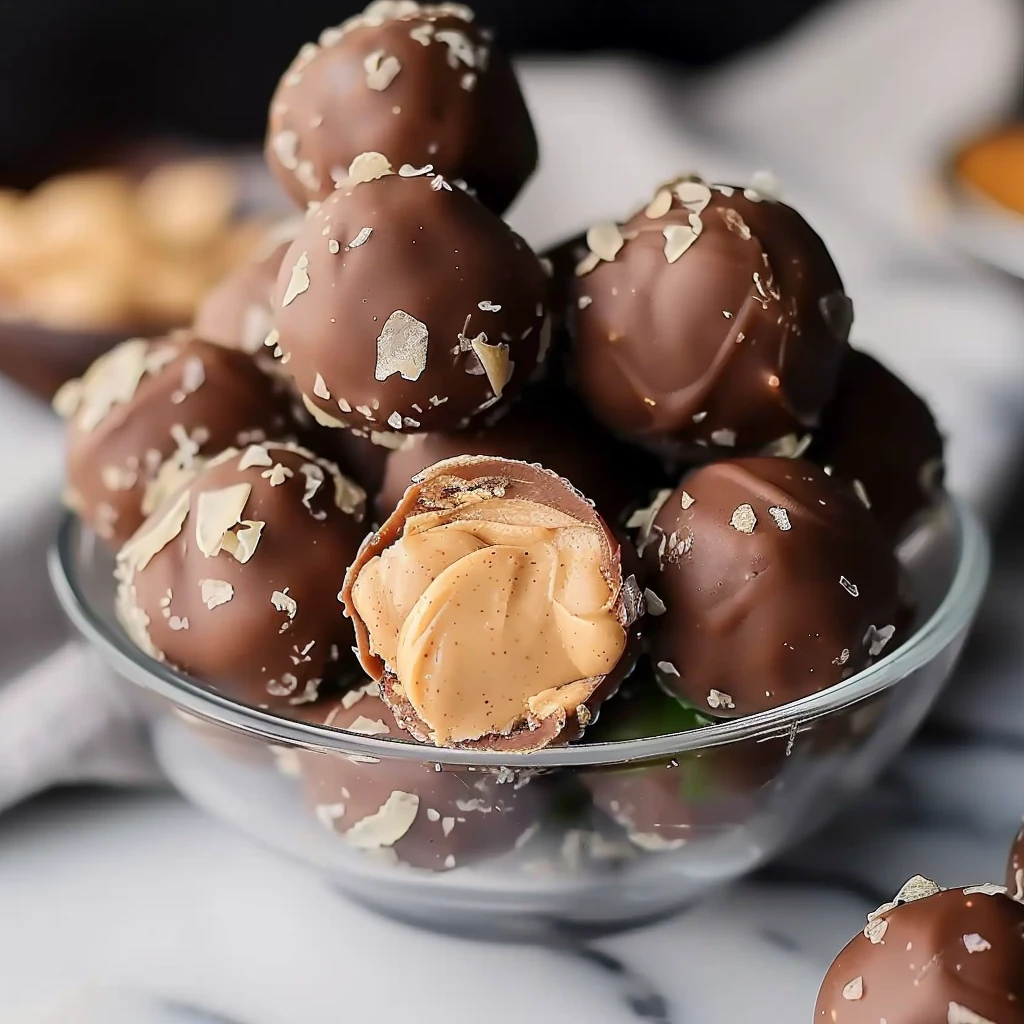 Glossy chocolate-coated No-Bake Peanut Butter Balls piled in a glass bowl, with creamy peanut butter filling visible, sprinkled with shimmery flakes for a tempting dessert display