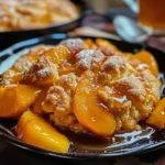 Golden baked Old Fashioned Peach Cobbler with juicy peach slices and a flaky, crisp topping, served on a black plate and drizzled with sweet syrup for a vibrant, appetizing dessert.