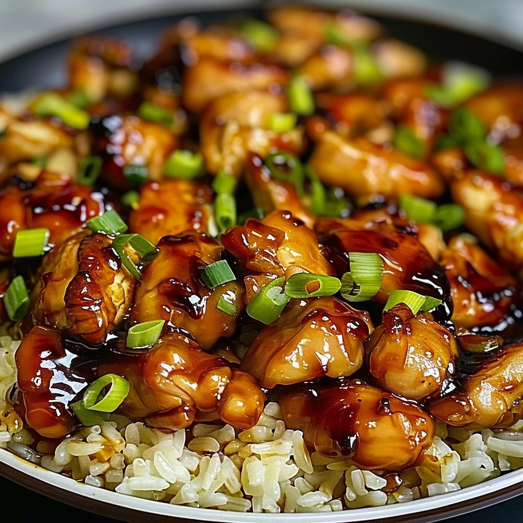 Glazed honey BBQ chicken pieces over fluffy white rice, garnished with chopped green onions, showcasing One Pan Bold Honey BBQ Chicken Rice in a vibrant, glossy presentation.