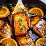 Glorious orange glazed salmon fillets with a shiny citrus glaze, garnished with fresh herbs and surrounded by vibrant orange slices in a dark skillet, showcasing succulent texture and vivid color.