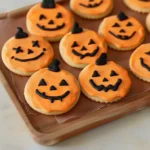 Bright orange Halloween pumpkin cookies with smooth chocolate coating, jack-o-lantern faces, and candy leaf accents on a wooden tray