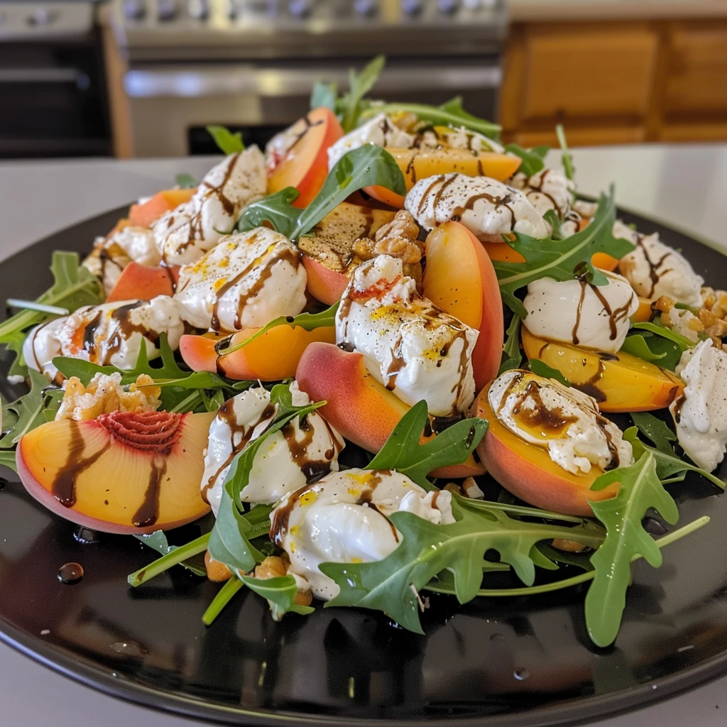 Colorful Peach Burrata Salad with juicy peach slices, creamy burrata cheese, arugula, basil, and balsamic glaze on a black plate, fresh and vibrant for summer enjoyment
