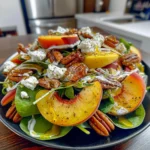 Radiant Peach Salad with glossy peach slices, creamy goat cheese, candied pecans, and crisp greens beautifully arranged on a black plate for a vibrant, inviting presentation.