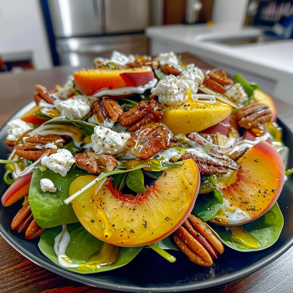 Radiant Peach Salad with glossy peach slices, creamy goat cheese, candied pecans, and crisp greens beautifully arranged on a black plate for a vibrant, inviting presentation.