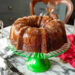 Golden brown Pecan Zucchini Bundt Cake with a caramelized glaze, served on a green glass cake stand, showcasing moist texture and rustic charm.