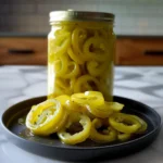 Bright yellow pickled banana peppers in brine, displayed in a glass jar and served in rings on a glossy plate, showcasing crisp texture and vibrant color.